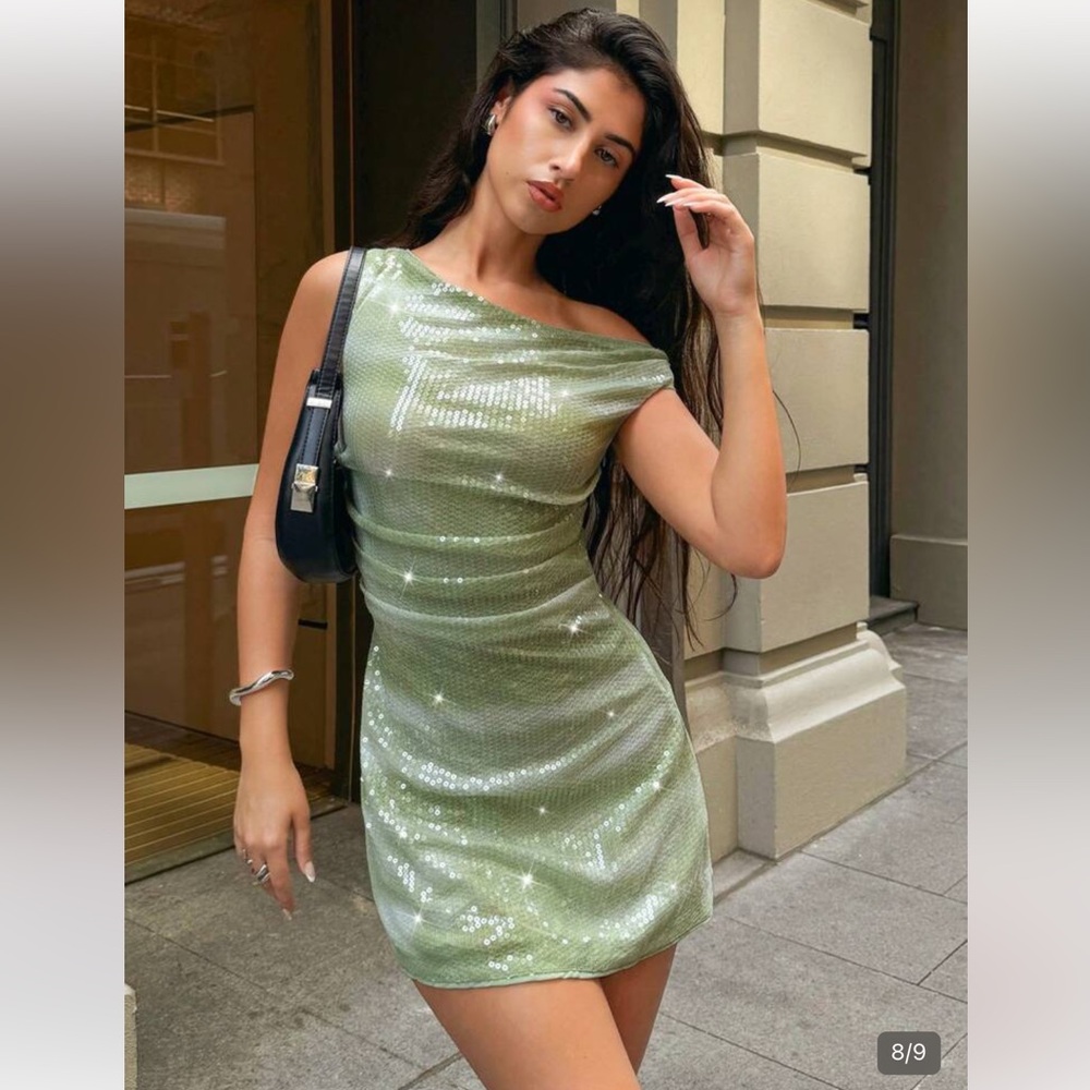 One Shoulder Green Sequin Dress